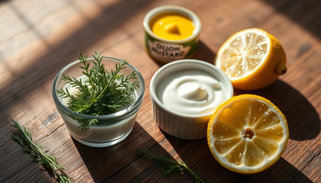 A beautifully lit, close-up still life of the essential ingredients for a creamy dill sauce. On a wooden surface, a small glass bowl filled with fresh dill sprigs, next to a ceramic ramekin of sour cream, a shallow glass dish of Dijon mustard, and a lemon halved to expose its juicy flesh. Soft shadows and warm, natural lighting create a cozy, appetizing atmosphere, drawing the viewer's attention to the delectable components of this delightful sauce. A beautifully lit, close-up still life of the essential ingredients for a creamy dill sauce. On a wooden surface, a small glass bowl filled with fresh dill sprigs, next to a ceramic ramekin of sour cream, a shallow glass dish of Dijon mustard, and a lemon halved to expose its juicy flesh. Soft shadows and warm, natural lighting create a cozy, appetizing atmosphere, drawing the viewer's attention to the delectable components of this delightful sauce.