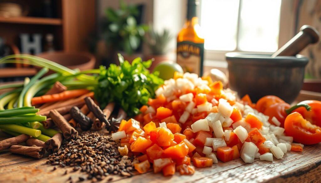 A bountiful arrangement of freshly chopped Jamaican ingredients arranged on a rustic wooden table, bathed in warm, golden light from a window. In the foreground, a mix of aromatic spices - allspice, cloves, cinnamon sticks, and fennel seeds - contrast with the vibrant hues of scotch bonnet peppers, scallions, and lime wedges. In the middle ground, a pile of ripe, juicy tomatoes and onions, their textures and juices ready to be transformed into the signature Jamaican jerk sauce. In the background, a bottle of dark rum and a mortar and pestle hint at the traditional methods used to craft this authentic Caribbean condiment. The overall scene evokes the flavors, aromas, and rich cultural heritage of Jamaican cuisine. A bountiful arrangement of freshly chopped Jamaican ingredients arranged on a rustic wooden table, bathed in warm, golden light from a window. In the foreground, a mix of aromatic spices - allspice, cloves, cinnamon sticks, and fennel seeds - contrast with the vibrant hues of scotch bonnet peppers, scallions, and lime wedges. In the middle ground, a pile of ripe, juicy tomatoes and onions, their textures and juices ready to be transformed into the signature Jamaican jerk sauce. In the background, a bottle of dark rum and a mortar and pestle hint at the traditional methods used to craft this authentic Caribbean condiment. The overall scene evokes the flavors, aromas, and rich cultural heritage of Jamaican cuisine.