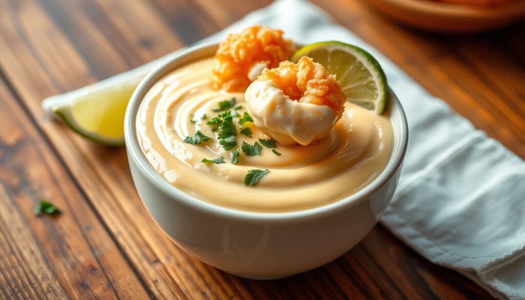 A bowl filled with a creamy, golden-colored coconut shrimp dipping sauce, set against a backdrop of a rustic wooden table. The sauce glistens under the warm, natural lighting, inviting the viewer to dip freshly fried coconut shrimp into its rich, silky texture. The scene is complemented by a subtle sprinkling of chopped cilantro and a wedge of fresh lime, hinting at the tangy and tropical flavors to come. The overall composition conveys a sense of homemade simplicity and culinary craftsmanship, perfectly reflecting the title "Making the Perfect Coconut Shrimp Dipping Sauce at Home".