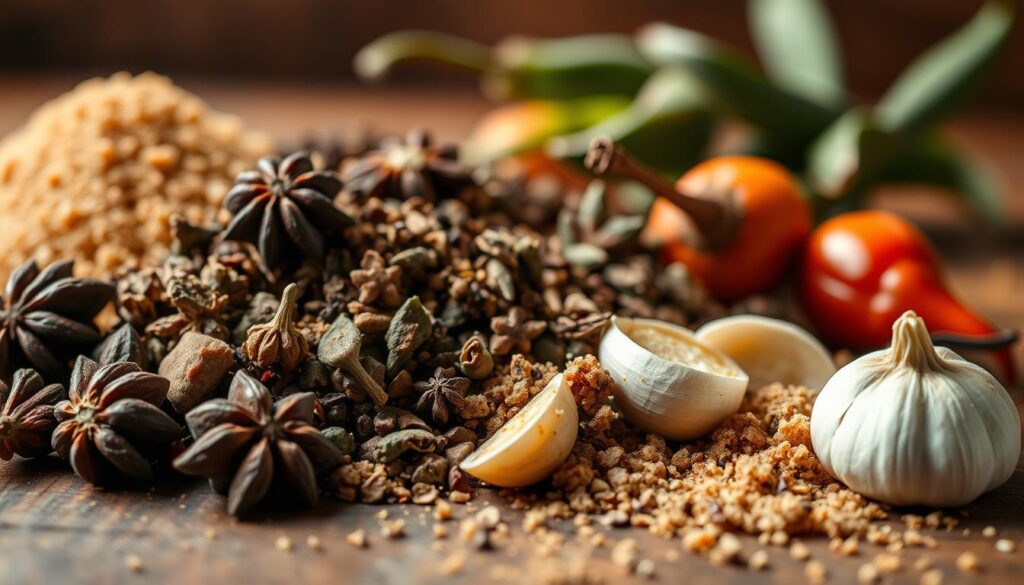 A close-up shot of an assortment of whole Jamaican jerk seasoning ingredients, including allspice berries, dried thyme, Scotch bonnet peppers, garlic cloves, and brown sugar, arranged on a rustic wooden table. The lighting is warm and natural, highlighting the vibrant colors and textures of the spices. The background is slightly blurred, creating a sense of depth and emphasizing the tactile, artisanal nature of the seasoning blend. The overall composition conveys the rich heritage and authentic flavors of traditional Jamaican jerk seasoning. A close-up shot of an assortment of whole Jamaican jerk seasoning ingredients, including allspice berries, dried thyme, Scotch bonnet peppers, garlic cloves, and brown sugar, arranged on a rustic wooden table. The lighting is warm and natural, highlighting the vibrant colors and textures of the spices. The background is slightly blurred, creating a sense of depth and emphasizing the tactile, artisanal nature of the seasoning blend. The overall composition conveys the rich heritage and authentic flavors of traditional Jamaican jerk seasoning.