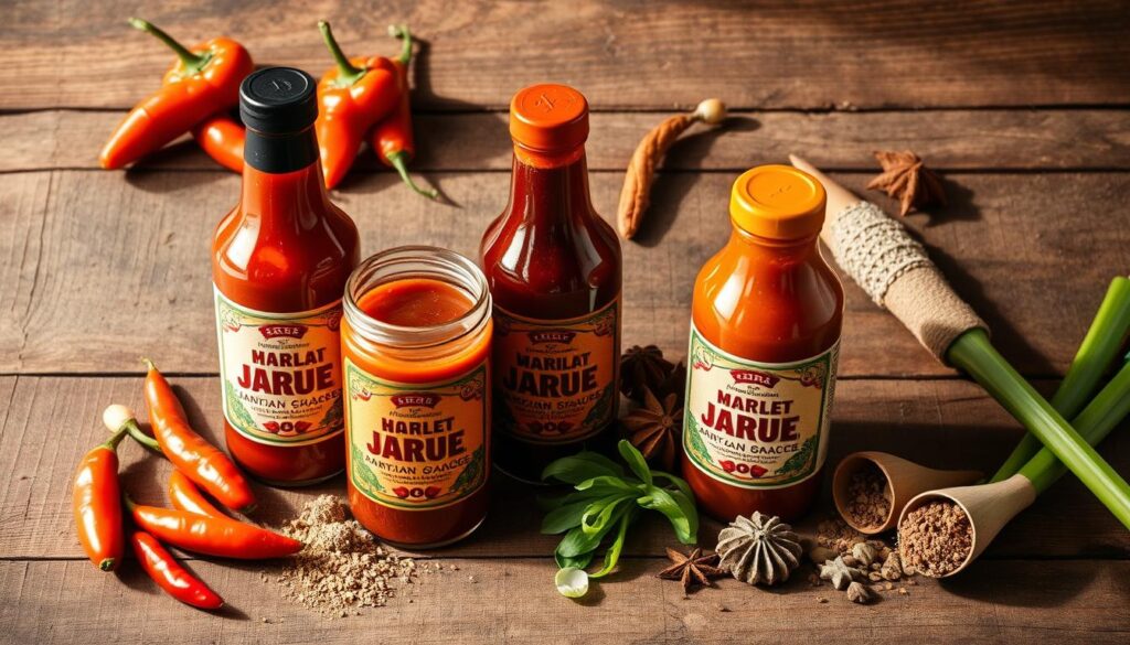 A delectable array of Jamaican jerk BBQ sauce recipes, artfully arranged on a rustic wooden surface. The sauces, in vibrant hues of crimson, amber, and mahogany, are accompanied by a selection of fresh ingredients such as habanero peppers, scallions, and fragrant spices. The scene is illuminated by soft, natural lighting, casting warm shadows and highlighting the textural details of the ingredients. The overall composition evokes the bold, flavorful essence of Jamaican cuisine, inviting the viewer to imagine the mouthwatering possibilities of these homemade sauces. A delectable array of Jamaican jerk BBQ sauce recipes, artfully arranged on a rustic wooden surface. The sauces, in vibrant hues of crimson, amber, and mahogany, are accompanied by a selection of fresh ingredients such as habanero peppers, scallions, and fragrant spices. The scene is illuminated by soft, natural lighting, casting warm shadows and highlighting the textural details of the ingredients. The overall composition evokes the bold, flavorful essence of Jamaican cuisine, inviting the viewer to imagine the mouthwatering possibilities of these homemade sauces.