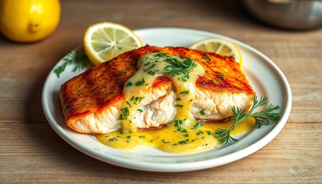A delectable grilled salmon filet, its seared golden-brown exterior glistening under warm studio lighting. A vibrant lemon dill sauce cascades gracefully over the fish, its bright green herbs and zesty citrus notes complementing the rich, flaky salmon. The plate is garnished with a few fresh lemon slices, adding a final touch of freshness. The composition is arranged on a simple white ceramic plate, placed on a wooden surface with a muted background, highlighting the dish's elegant simplicity. The overall mood is one of refined, appetizing presentation, inviting the viewer to savor this delicious salmon preparation. A delectable grilled salmon filet, its seared golden-brown exterior glistening under warm studio lighting. A vibrant lemon dill sauce cascades gracefully over the fish, its bright green herbs and zesty citrus notes complementing the rich, flaky salmon. The plate is garnished with a few fresh lemon slices, adding a final touch of freshness. The composition is arranged on a simple white ceramic plate, placed on a wooden surface with a muted background, highlighting the dish's elegant simplicity. The overall mood is one of refined, appetizing presentation, inviting the viewer to savor this delicious salmon preparation.