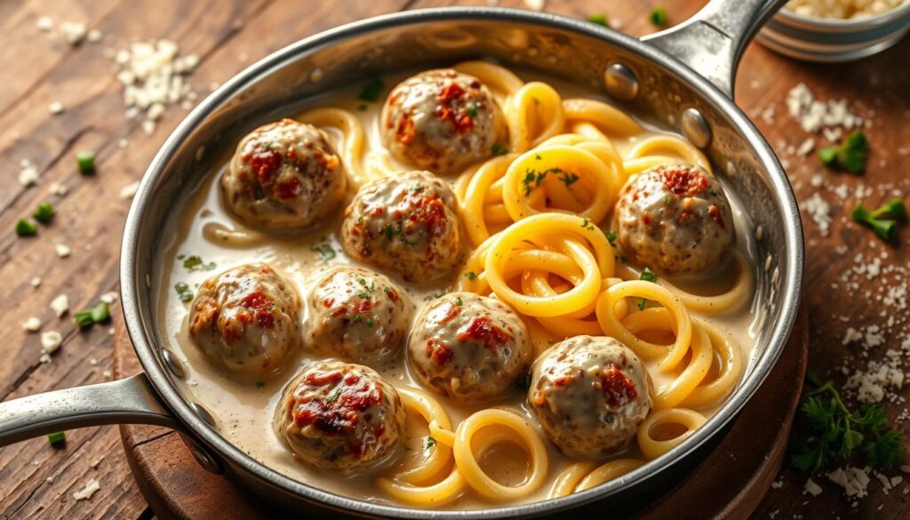 A delectable meatball and alfredo skillet, simmering with richness. In the foreground, plump meatballs nestled in a creamy, garlic-infused alfredo sauce, glistening with a hint of butter. Aromatic herbs and spices add depth, while al dente pasta twirls around the meatballs, creating a harmonious blend of textures. Warm lighting casts a cozy glow, inviting the viewer to savor each bite. The skillet rests on a rustic wooden surface, surrounded by freshly grated parmesan and a sprinkle of chopped parsley, elevating the presentation. The scene evokes a sense of homemade comfort and indulgence, perfectly capturing the essence of this beloved dish. A delectable meatball and alfredo skillet, simmering with richness. In the foreground, plump meatballs nestled in a creamy, garlic-infused alfredo sauce, glistening with a hint of butter. Aromatic herbs and spices add depth, while al dente pasta twirls around the meatballs, creating a harmonious blend of textures. Warm lighting casts a cozy glow, inviting the viewer to savor each bite. The skillet rests on a rustic wooden surface, surrounded by freshly grated parmesan and a sprinkle of chopped parsley, elevating the presentation. The scene evokes a sense of homemade comfort and indulgence, perfectly capturing the essence of this beloved dish.