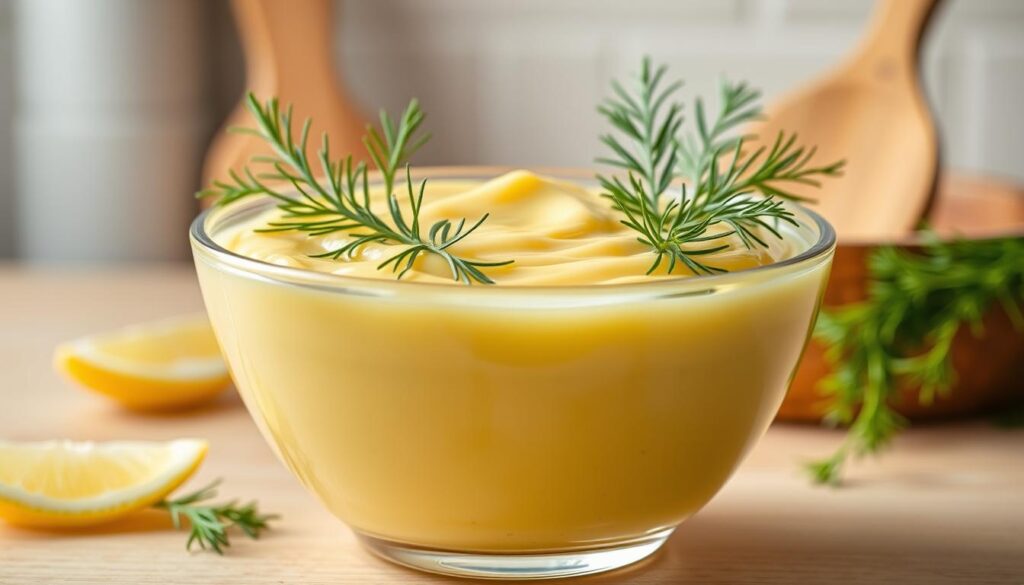 A glass bowl filled with a creamy lemon dill sauce, its vibrant yellow color accented by the fresh green dill fronds. The sauce glistens under the warm, diffused lighting, creating a tantalizing, appetizing scene. In the background, a soft, blurred kitchen counter and wooden utensils create a homey, rustic atmosphere. The overall composition is clean and minimalist, allowing the delicious sauce to take center stage. A glass bowl filled with a creamy lemon dill sauce, its vibrant yellow color accented by the fresh green dill fronds. The sauce glistens under the warm, diffused lighting, creating a tantalizing, appetizing scene. In the background, a soft, blurred kitchen counter and wooden utensils create a homey, rustic atmosphere. The overall composition is clean and minimalist, allowing the delicious sauce to take center stage.