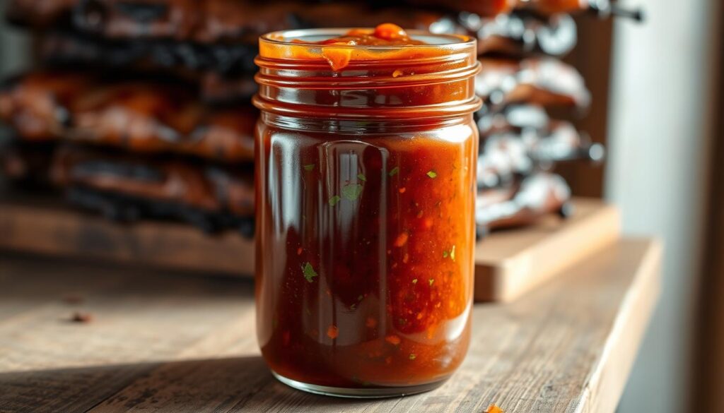 A mason jar filled with a rich, glossy homemade Jamaican jerk sauce, its deep reddish-brown hue accented by vibrant flecks of green herbs and spices. The jar is set on a worn wooden surface, perhaps a rustic kitchen counter or table, casting warm, natural shadows. In the background, a stack of freshly grilled meats, their charred edges hinting at the bold, complex flavors of the sauce. The lighting is soft and diffused, creating a cozy, inviting atmosphere that evokes the spirit of authentic Jamaican cuisine. A mason jar filled with a rich, glossy homemade Jamaican jerk sauce, its deep reddish-brown hue accented by vibrant flecks of green herbs and spices. The jar is set on a worn wooden surface, perhaps a rustic kitchen counter or table, casting warm, natural shadows. In the background, a stack of freshly grilled meats, their charred edges hinting at the bold, complex flavors of the sauce. The lighting is soft and diffused, creating a cozy, inviting atmosphere that evokes the spirit of authentic Jamaican cuisine.