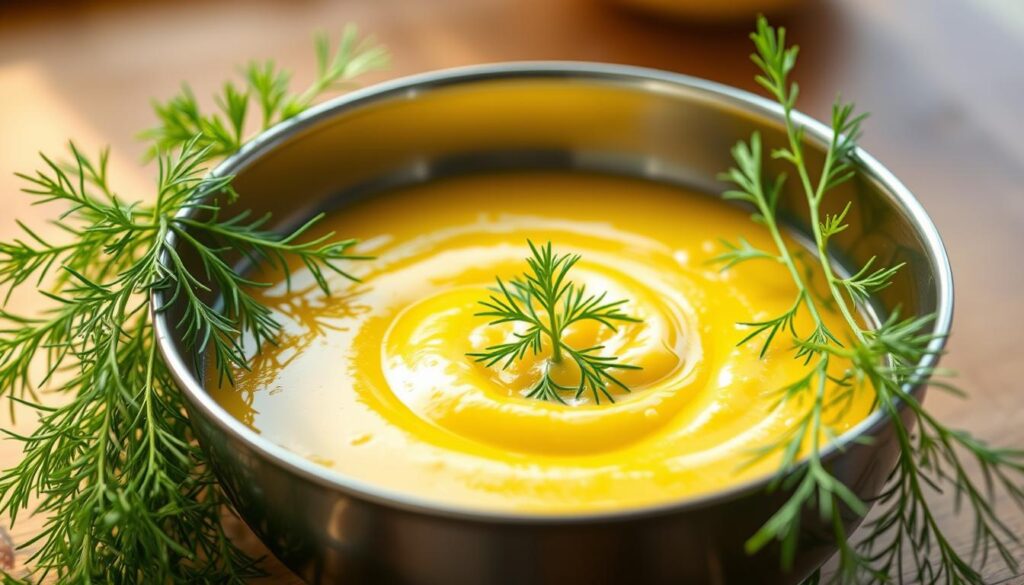 A stainless steel bowl filled with a vibrant, creamy homemade lemon dill sauce, its velvety texture and bright yellow hue evocative of the Mediterranean. Sprigs of fresh dill are artfully arranged around the bowl, their green fronds cascading over the sides. The scene is illuminated by warm, natural lighting, casting a gentle glow and creating a sense of comfort and culinary warmth. The foreground is in sharp focus, inviting the viewer to imagine the tantalizing flavor and aroma of this luxurious sauce, perfect for drizzling over succulent salmon fillets. A stainless steel bowl filled with a vibrant, creamy homemade lemon dill sauce, its velvety texture and bright yellow hue evocative of the Mediterranean. Sprigs of fresh dill are artfully arranged around the bowl, their green fronds cascading over the sides. The scene is illuminated by warm, natural lighting, casting a gentle glow and creating a sense of comfort and culinary warmth. The foreground is in sharp focus, inviting the viewer to imagine the tantalizing flavor and aroma of this luxurious sauce, perfect for drizzling over succulent salmon fillets.