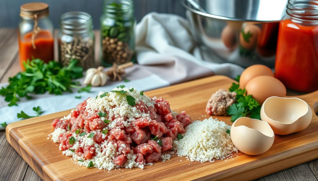 A still life composition showcasing the essential ingredients for authentic homemade meatballs. In the foreground, a wooden cutting board displays a pile of freshly ground beef, a handful of breadcrumbs, grated Parmesan cheese, minced garlic, and finely chopped parsley. A few eggs rest nearby, their shells cracked open. In the middle ground, a glass jar of dried oregano and a jar of tomato sauce stand out against a linen cloth. The background features a rustic wooden table, with a stainless steel mixing bowl and a few kitchen tools visible. The lighting is soft and diffused, emphasizing the warm, earthy tones of the ingredients. The overall mood is one of simplicity, authenticity, and the comforting aroma of homemade meatballs. A still life composition showcasing the essential ingredients for authentic homemade meatballs. In the foreground, a wooden cutting board displays a pile of freshly ground beef, a handful of breadcrumbs, grated Parmesan cheese, minced garlic, and finely chopped parsley. A few eggs rest nearby, their shells cracked open. In the middle ground, a glass jar of dried oregano and a jar of tomato sauce stand out against a linen cloth. The background features a rustic wooden table, with a stainless steel mixing bowl and a few kitchen tools visible. The lighting is soft and diffused, emphasizing the warm, earthy tones of the ingredients. The overall mood is one of simplicity, authenticity, and the comforting aroma of homemade meatballs.