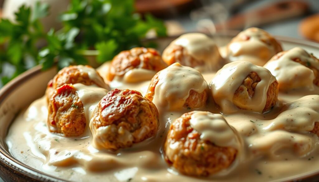 A sumptuous still life capturing the essence of Italian cuisine - golden-brown meatballs nestled in a creamy, milk-white alfredo sauce, the rich fragrance wafting from the steaming dish. The meatballs, meticulously crafted with a blend of ground beef and pork, are seared to perfection, their surfaces glistening. The alfredo sauce, a silky emulsion of butter, heavy cream, and Parmesan, coats the meatballs in a luxurious embrace. In the background, a hint of fresh parsley adds a vibrant green contrast, while the soft, diffused lighting creates an inviting, homely atmosphere. Captured from a slightly elevated angle, the image showcases the dish's comforting appeal and the centuries-old tradition of Italian-American comfort food. A sumptuous still life capturing the essence of Italian cuisine - golden-brown meatballs nestled in a creamy, milk-white alfredo sauce, the rich fragrance wafting from the steaming dish. The meatballs, meticulously crafted with a blend of ground beef and pork, are seared to perfection, their surfaces glistening. The alfredo sauce, a silky emulsion of butter, heavy cream, and Parmesan, coats the meatballs in a luxurious embrace. In the background, a hint of fresh parsley adds a vibrant green contrast, while the soft, diffused lighting creates an inviting, homely atmosphere. Captured from a slightly elevated angle, the image showcases the dish's comforting appeal and the centuries-old tradition of Italian-American comfort food.