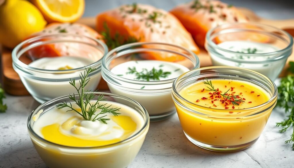 A vibrant and appetizing array of lemon dill sauce variations, each with its own distinct character and flavor profile. In the foreground, a small bowl showcases a rich, creamy lemon dill sauce, garnished with fresh dill sprigs and a drizzle of olive oil. In the middle ground, an assortment of glass bowls present variations, including a zestier version with added lemon zest, a milder one with a touch of honey, and a spicier rendition infused with red pepper flakes. The background features a wooden board with fresh salmon fillets, lemons, and additional herbs, setting the scene for this versatile sauce. Soft, natural lighting illuminates the composition, evoking a welcoming, kitchen-inspired atmosphere. A vibrant and appetizing array of lemon dill sauce variations, each with its own distinct character and flavor profile. In the foreground, a small bowl showcases a rich, creamy lemon dill sauce, garnished with fresh dill sprigs and a drizzle of olive oil. In the middle ground, an assortment of glass bowls present variations, including a zestier version with added lemon zest, a milder one with a touch of honey, and a spicier rendition infused with red pepper flakes. The background features a wooden board with fresh salmon fillets, lemons, and additional herbs, setting the scene for this versatile sauce. Soft, natural lighting illuminates the composition, evoking a welcoming, kitchen-inspired atmosphere.