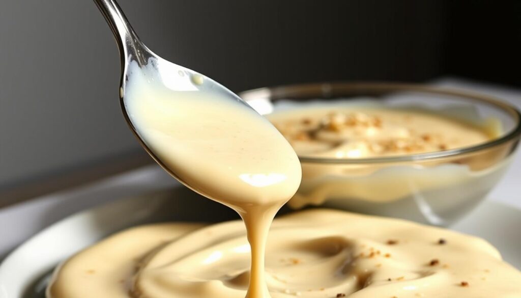 Creamy, luxurious alfredo sauce, with a silky smooth texture and a rich, velvety finish. In the foreground, a spoonful of the sauce glistens, revealing its luscious, creamy consistency. Swirling around it, the sauce cascades effortlessly, capturing the light and casting gentle shadows. In the middle ground, a bowl of the sauce sits, its surface a mirror-like reflection of the surroundings. Hints of garlic, Parmesan, and black pepper speckle the surface, adding depth and complexity to the flavor. The background is a clean, minimalist setting, allowing the sauce to take center stage, the only focus being its impeccable creaminess and inviting appearance. Creamy, luxurious alfredo sauce, with a silky smooth texture and a rich, velvety finish. In the foreground, a spoonful of the sauce glistens, revealing its luscious, creamy consistency. Swirling around it, the sauce cascades effortlessly, capturing the light and casting gentle shadows. In the middle ground, a bowl of the sauce sits, its surface a mirror-like reflection of the surroundings. Hints of garlic, Parmesan, and black pepper speckle the surface, adding depth and complexity to the flavor. The background is a clean, minimalist setting, allowing the sauce to take center stage, the only focus being its impeccable creaminess and inviting appearance.