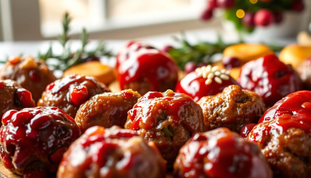 A delightful array of cranberry-infused meatball variations takes center stage, each a culinary masterpiece. In the foreground, juicy orbs in rich shades of burgundy and crimson, studded with tart cranberries, beckon the viewer. The middle ground reveals creative interpretations - some crowned with a golden crust, others nestled in a glistening cranberry glaze. Warm lighting casts a cozy glow, heightening the appetizing nature of the scene. The background subtly hints at a holiday feast, with subtle hints of rosemary, thyme and other seasonal accents. This harmonious composition captures the essence of "Delicious Variations of Cranberry Sauce Meatballs," an irresistible culinary delight. A delightful array of cranberry-infused meatball variations takes center stage, each a culinary masterpiece. In the foreground, juicy orbs in rich shades of burgundy and crimson, studded with tart cranberries, beckon the viewer. The middle ground reveals creative interpretations - some crowned with a golden crust, others nestled in a glistening cranberry glaze. Warm lighting casts a cozy glow, heightening the appetizing nature of the scene. The background subtly hints at a holiday feast, with subtle hints of rosemary, thyme and other seasonal accents. This harmonious composition captures the essence of "Delicious Variations of Cranberry Sauce Meatballs," an irresistible culinary delight.