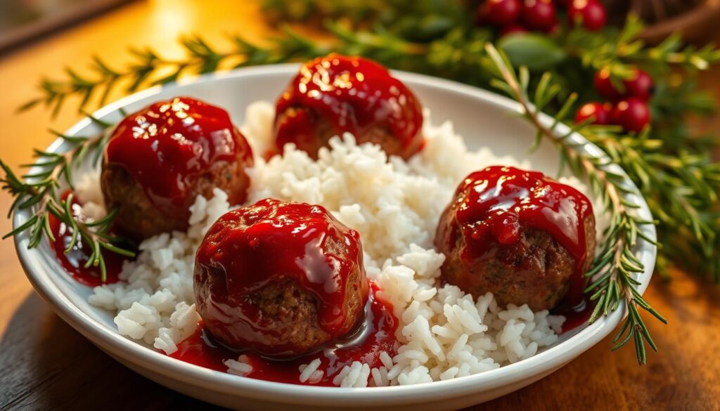 A plate of perfectly spherical meatballs, their surfaces glistening with a rich, crimson cranberry glaze. The meatballs sit atop a bed of fluffy, white rice, the grains distinct yet blending seamlessly. Surrounding the plate, lush sprigs of fresh thyme and rosemary, their verdant hues complementing the deep red of the cranberry sauce. The lighting is warm and inviting, casting a soft, golden glow that accentuates the textural details of the dish. The scene is captured from a slightly elevated angle, allowing the viewer to appreciate the dish's elegant presentation. An atmosphere of comforting, holiday cheer pervades the image, inviting the viewer to imagine the delicious flavors and the gathering of loved ones around the table. A plate of perfectly spherical meatballs, their surfaces glistening with a rich, crimson cranberry glaze. The meatballs sit atop a bed of fluffy, white rice, the grains distinct yet blending seamlessly. Surrounding the plate, lush sprigs of fresh thyme and rosemary, their verdant hues complementing the deep red of the cranberry sauce. The lighting is warm and inviting, casting a soft, golden glow that accentuates the textural details of the dish. The scene is captured from a slightly elevated angle, allowing the viewer to appreciate the dish's elegant presentation. An atmosphere of comforting, holiday cheer pervades the image, inviting the viewer to imagine the delicious flavors and the gathering of loved ones around the table.