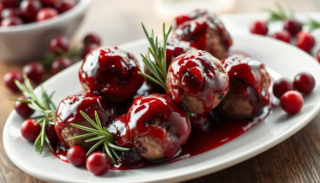 A plate of savory meatballs, their surfaces glistening with a vibrant cranberry glaze. The meatballs are perfectly spherical, their texture tender yet slightly firm. They are arranged elegantly on a white ceramic plate, the deep red sauce providing a striking contrast. Soft, ambient lighting illuminates the scene, casting gentle shadows that accentuate the meatballs' succulent appearance. The composition is balanced, with the meatballs occupying the central focus, surrounded by a sparse yet purposeful arrangement of fresh cranberries and sprigs of rosemary, hinting at the flavors to come. An air of festive sophistication permeates the image, setting the stage for a delightful holiday appetizer. A plate of savory meatballs, their surfaces glistening with a vibrant cranberry glaze. The meatballs are perfectly spherical, their texture tender yet slightly firm. They are arranged elegantly on a white ceramic plate, the deep red sauce providing a striking contrast. Soft, ambient lighting illuminates the scene, casting gentle shadows that accentuate the meatballs' succulent appearance. The composition is balanced, with the meatballs occupying the central focus, surrounded by a sparse yet purposeful arrangement of fresh cranberries and sprigs of rosemary, hinting at the flavors to come. An air of festive sophistication permeates the image, setting the stage for a delightful holiday appetizer.