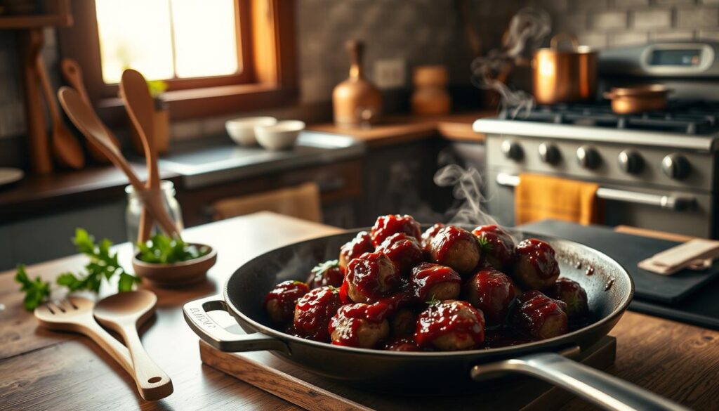 A rustic kitchen counter, bathed in warm, natural light from a large window. On the countertop, a sizzling pan of cranberry sauce-glazed meatballs, their rich aroma filling the air. Wooden utensils and a small bowl of fresh herbs stand nearby, complementing the scene. In the background, a vintage-inspired range and copper pots add to the cozy, homemade atmosphere. The meatballs sear and caramelize, their deep red hue glistening under the soft, diffused lighting. Wisps of steam rise from the pan, creating a sense of anticipation and the promise of a delicious, comforting holiday dish. A rustic kitchen counter, bathed in warm, natural light from a large window. On the countertop, a sizzling pan of cranberry sauce-glazed meatballs, their rich aroma filling the air. Wooden utensils and a small bowl of fresh herbs stand nearby, complementing the scene. In the background, a vintage-inspired range and copper pots add to the cozy, homemade atmosphere. The meatballs sear and caramelize, their deep red hue glistening under the soft, diffused lighting. Wisps of steam rise from the pan, creating a sense of anticipation and the promise of a delicious, comforting holiday dish.