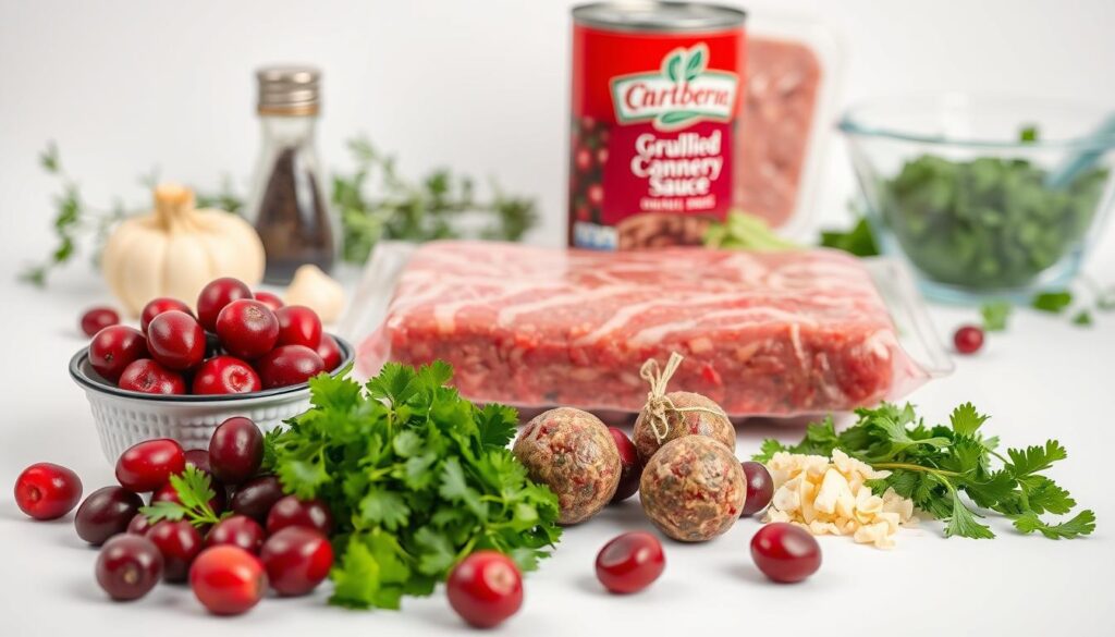A still life image of the essential ingredients for cranberry sauce meatballs, shot with a 50mm lens on a clean white background. In the foreground, fresh cranberries, minced garlic, and chopped parsley are neatly arranged. In the middle ground, a package of ground beef and a can of jellied cranberry sauce take center stage. In the background, a sprig of thyme, a dash of black pepper, and a measuring cup add depth and context. The lighting is soft and even, highlighting the vibrant colors and textures of the ingredients. The overall mood is one of culinary preparation and holiday anticipation. A still life image of the essential ingredients for cranberry sauce meatballs, shot with a 50mm lens on a clean white background. In the foreground, fresh cranberries, minced garlic, and chopped parsley are neatly arranged. In the middle ground, a package of ground beef and a can of jellied cranberry sauce take center stage. In the background, a sprig of thyme, a dash of black pepper, and a measuring cup add depth and context. The lighting is soft and even, highlighting the vibrant colors and textures of the ingredients. The overall mood is one of culinary preparation and holiday anticipation.